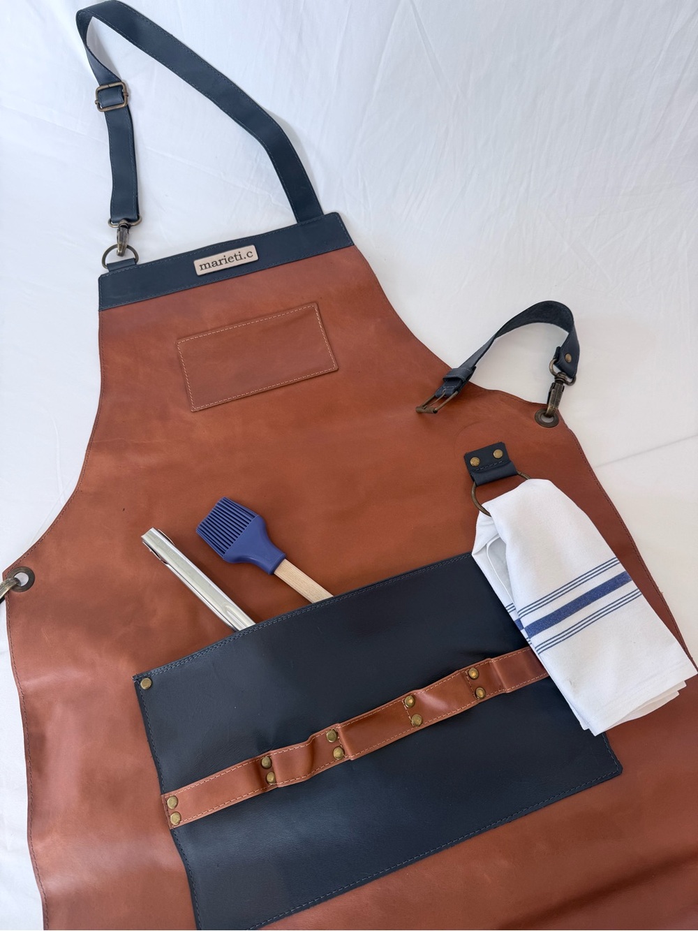 Marieti.c Leather BBQ Apron in Brown with Navy Straps - Picture 7 of 10